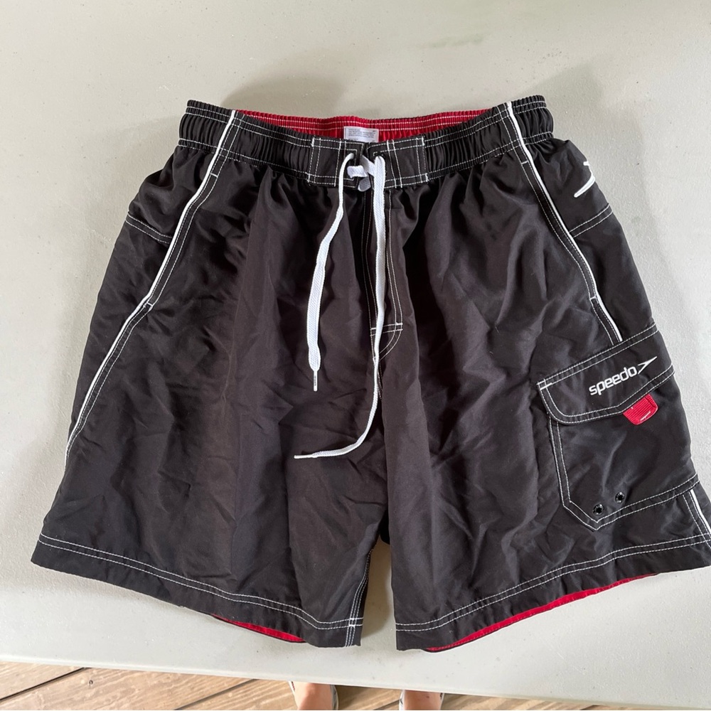 Speedo Mens L Board Short Swim Trunks Black Red Mesh Lined Pockets Surf, Cruise